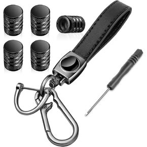 5Pcs Tire Valve Stem Caps, American Flag Tires Air Caps Cover, Genuine Leather Metal Car Keychain Replacement Leak-Proof Dust Caps Set Accessories Decal Parts Universal for Most Cars