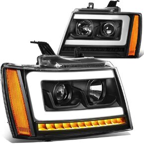 مجموعة المصابيح الأمامية من Auto Dynasty متوافقة مع Chevy Tahoe Suburban 1500 2007-2014 Avalanche Suburban 2500 2007-2013، جانب السائق والراكب، عاكس كهرماني مبيت أسود