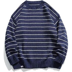 Mens Oversize Stripe Sweater Vintage Casual Loose Crewneck Fall Pullover Jumper Unisex Streetwear Knitted Tops