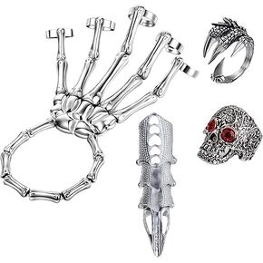 4pcs Skull Skeleton Hand Bracelet Set Skull Knuckle Wristband Punk Skull Finger With Skeleton Head Rings Hip Hop Hallowmas Jewelry Accessories Gifts