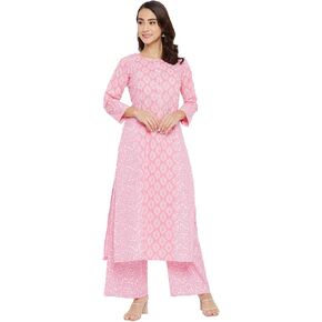 Tissu Women's Cotton Pink Floral Printed Straight Kurta with Palazzo