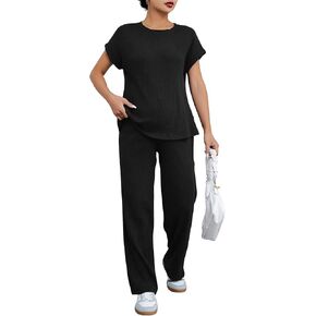 OYOANGLE Women's Maternity 2 Pieces Pajamas Outfits Set Casual Short Sleeve T-Shirt Top and Pants