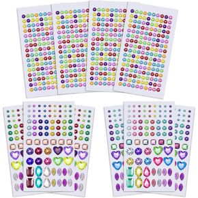 Anezus 1126Pcs Rhinestone Stickers Self-Adhesive Bling Craft Jewels Crystal Gem Stickers for Nail, Body, Makeup, Festival, Assorted Sizes and Shapes, 10 Sheets