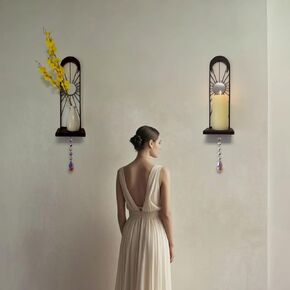 Wall Candle Sconce Holder Set of 2 Candle Sconces Wall Mount Metal Candle Holders Wall Decor Sun and Moon Theme Hanging Wall Decorations for Living Room Dining Room Farmhouse Fireplace (Black)