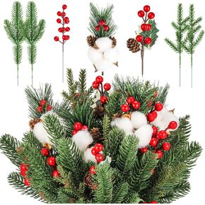 60 Pcs Christmas Artificial Green Pine Needles, Christmas Floral Picks Artificial Holly Red Berry Twig Stem Pine Snowy Cone Branches Garland Bulk for Xmas Tree Craft Holiday Winter (Elegant Style)