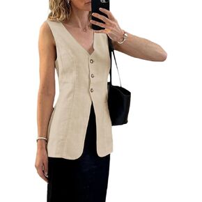 2024 Fall Long Linen Vest Blazer Y2K Lightweight Fashion Casual Top V-Neck Button Fully Lined Work Jacket With Pockets