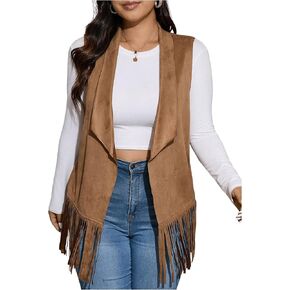 Women's Plus Size Fringe Suede Vest Sleeveless Western Faux Suede Tassel Cardigan