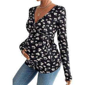 MakeMeChic Women's Maternity Tee Shirts Floral Wrap V Neck Long Sleeve Knot Side Pregnancy Tops