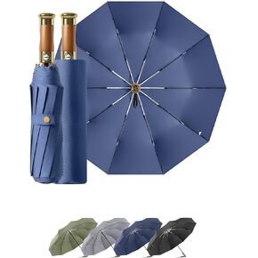 Rain Cats Large 46/50 Inch Umbrellas for rain 10 Ribs Fiberglass Umbrella Windproof big Compact Automatic portable Folding Travel Thick Fabric Wood handle… (Navy-45 Inch)