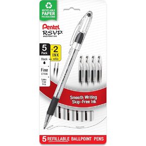 Pentel Rsvp Fine Point Black Ink Pens - 0.7 mm - Ballpoint Pens - Pack Of 5 Pens With 2 Refills