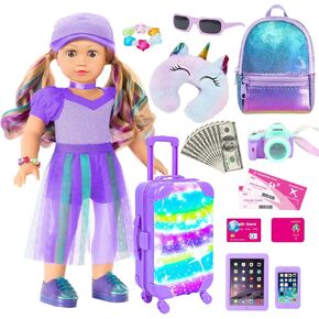 ZQDOLL American 18 Inch Doll Accessories and Clothes Travel Suitcase Set,Luggage Play Set for 18" Dolls Include Backpack Pillow Sunglasses Camera and Other Stuffs Toy Gift for Kids(No Doll & Shoes)