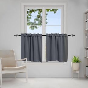 meioro 24 Inch Length Tier Curtains, 2 Panels Short Kitchen Curtains Rod Pocket Blackout Small Cafe Curtains, Half Window Curtains Decor for Bathroom Basement RV Camper Drapes(Dark Grey)