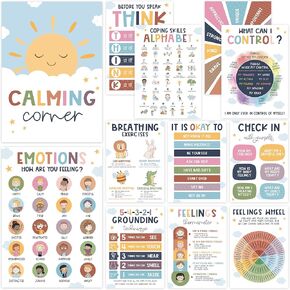 12 Retro Calming Corner Classroom Posters (10x14) - Feelings Wheel Chart & Emotions Poster For Kids, Calm Down Corner Supplies For Therapy Office Decor, Mental Health Wall Decorations For Preschool Teachers