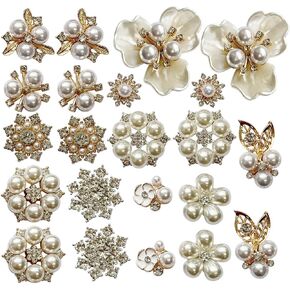22 Pieces Flower Rhinestone Buttons Faux Pearl Buttons Flat Back for Jewelry Making Wedding Party Home Decoration DIY Craft Hair Accessory, Gold,White