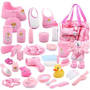 deAO 40 Piece Baby Doll Accessories Bag with Baby Feeding Accessories, Clothes, Doll Bear, Bath Toys, Soother Dummy and Much More - Great Nurturing Pretend Toy for Kids!