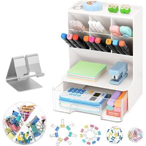 LETURE Desk Organizers and Accessories with Drawer, Pen Pencil Marker Organizer for Desk, Office Supplies Desk Stationary Organizer Caddy + Mobile Phone Holder / 68 Clips Set (White)
