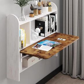 Wall Mounted Drop-Leaf Table, Floating Laptop Desk, Folding Table with Shelves, Multifunctional Computer Workstation with Storage Compartments in Home Office for Space Saving (Walnut)