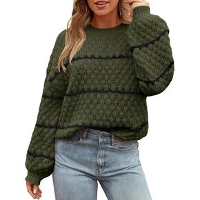 MEROKEETY Women's Striped Long Sleeve Pullover Sweater Crew Neck Oversized Fall Casual Knit Jumper Tops