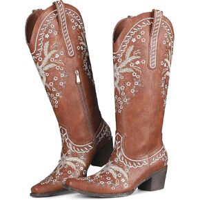 Women's Knee High Boots Mid Calf Cowboy Boots Sparkly Cowgirl Boots Pointed Toe Country Boots with Classic Embroidery