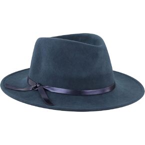 Christian Siriano New York Fedora Hat, Wool Felt Wide Brim Rancher Fashion Hat with Metallic Faux Leather Wrap, Indigo, One Size