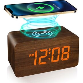 Wooden Digital Alarm Clocks with wireless charging for Bedrooms LED Display for Desks, Adjustable Brightness, Voice Control, and a Triple Digital Clock with Adjustable Brightness and Voice Control