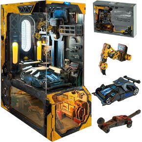 CRIOLPO DIY Book Nook Kit - 3D Wooden Puzzle Miniature Car Workshop with LED Lights, Dollhouse for Car Lovers,Ideal for Bookshelf Decor and Halloween Crafts for Adults and Teens(Car Workshop)