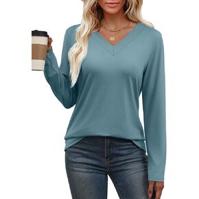 WIHOLL Women Long Sleeve T Shirts Casual V Neck Tunic Tops Fall Fashion 2024 Basic Outfits Trendy Shirts