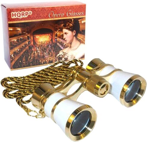 HQRP 3x25 Opera Glasses Theater Binoculars, White Pearl Color with Golden Necklace Chain, Crystal Clear Optic (CCO), or Adults Kids Women in Musical Concert Sport Events, Gift Box in Saudi Arabia