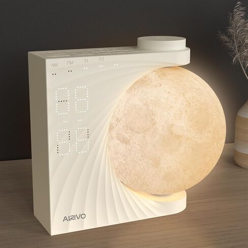 AIRIVO شروق الشمس منبه لغرف النوم، مصباح القمر على مدار الساعة، ضوء الاستيقاظ للأطفال المراهقين، آلة صوت الضوضاء البيضاء، 15 صوتًا منبه مزدوج للنوم الثقيل، ساعة منبه لطيفة في ضوء النهار لديكور غرفة preppy in Kuwait