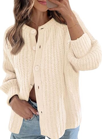 MEROKEETY Women's 2024 Long Sleeve Cardigan Sweater Crew Neck Button Ribbed Open Front Knit Outerwear in Kuwait
