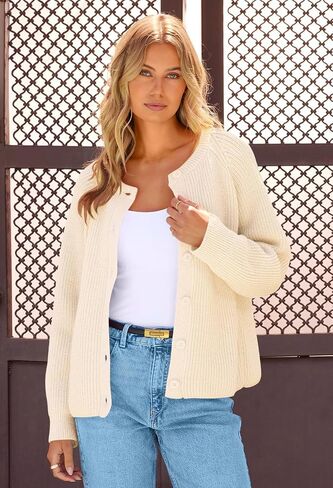 MEROKEETY Women's 2024 Long Sleeve Cardigan Sweater Crew Neck Button Ribbed Open Front Knit Outerwear in Kuwait