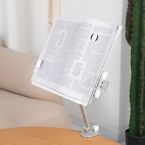 YOKIVE Book Stand for Reading, Adjustable Holder with 360° Rotating Arm & Page Clips, Portable Sturdy Book Holder, Great for Textbook (Silver, 10.3-inch) in Saudi Arabia