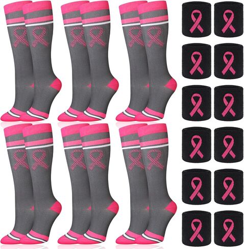 Xtinmee 6 مجموعات من الجوارب الوردية للتوعية بسرطان الثدي، أربطة رأس ناعمة للمعصم، جوارب عالية للركبة، جوارب دائرية بشريط وردي (نمط كلاسيكي) in Kuwait