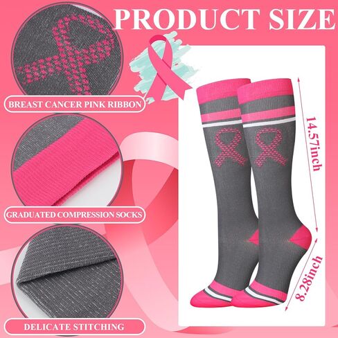 Xtinmee 6 مجموعات من الجوارب الوردية للتوعية بسرطان الثدي، أربطة رأس ناعمة للمعصم، جوارب عالية للركبة، جوارب دائرية بشريط وردي (نمط كلاسيكي) in Kuwait