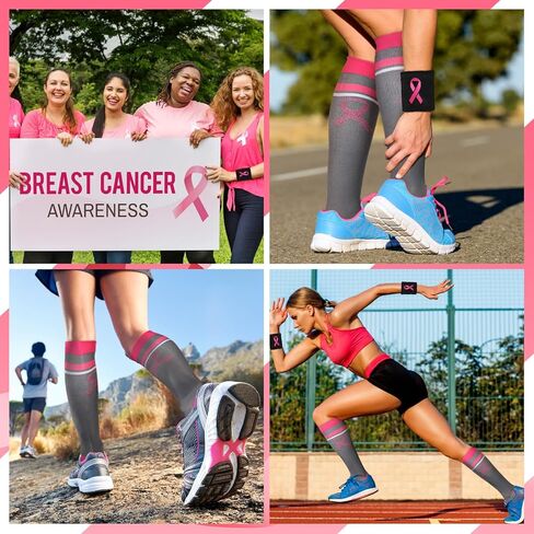 Xtinmee 6 مجموعات من الجوارب الوردية للتوعية بسرطان الثدي، أربطة رأس ناعمة للمعصم، جوارب عالية للركبة، جوارب دائرية بشريط وردي (نمط كلاسيكي) in Kuwait