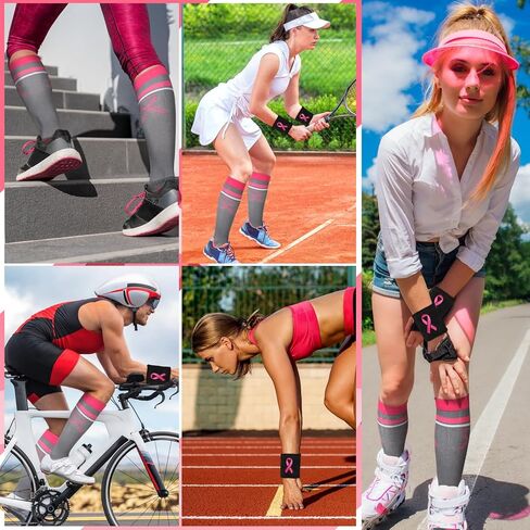 Xtinmee 6 مجموعات من الجوارب الوردية للتوعية بسرطان الثدي، أربطة رأس ناعمة للمعصم، جوارب عالية للركبة، جوارب دائرية بشريط وردي (نمط كلاسيكي) in Kuwait