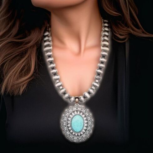 Natural Turquoise Stone Fashion Necklace with Turquoise Heart Pendant and Hematite, Boho Chic Western Jewelry for Women, Perfect with Pearl Earrings, Trendy and Cute in Saudi Arabia