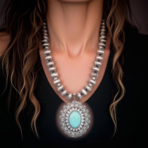 Natural Turquoise Stone Fashion Necklace with Turquoise Heart Pendant and Hematite, Boho Chic Western Jewelry for Women, Perfect with Pearl Earrings, Trendy and Cute in Saudi Arabia