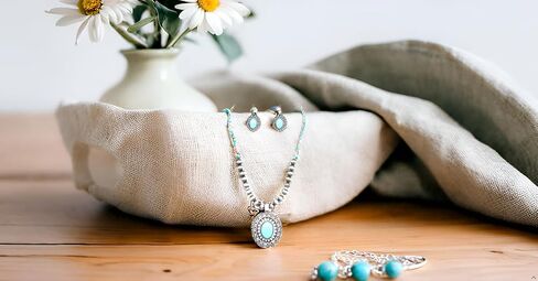 Natural Turquoise Stone Fashion Necklace with Turquoise Heart Pendant and Hematite, Boho Chic Western Jewelry for Women, Perfect with Pearl Earrings, Trendy and Cute in Saudi Arabia
