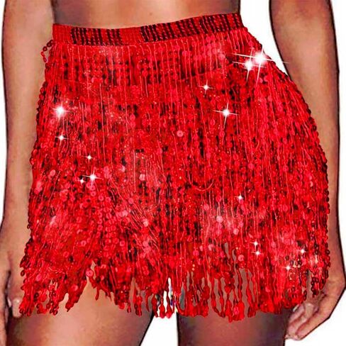 Tassel Sequin Skirt Sparkle Hip Scarf Belly Dance Skirts Boho Rave Costume Party Accessories for Women and Girls in Kuwait