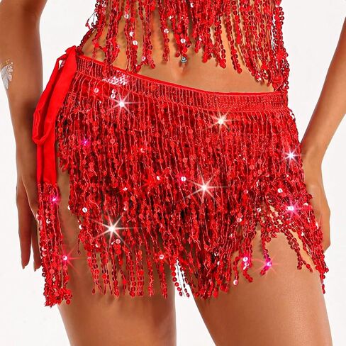 Tassel Sequin Skirt Sparkle Hip Scarf Belly Dance Skirts Boho Rave Costume Party Accessories for Women and Girls in Kuwait