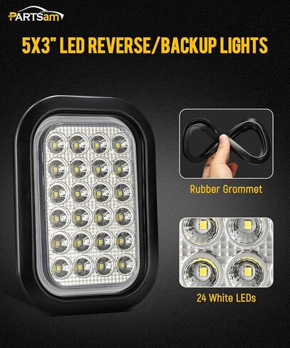 Partsam 2X 5x3 Inch Rectangle Reverse Backup Running Lights Clear Lens 24 LED Truck Trailer Hitch Tail Lights 12V IP67 Waterproof Sealed Flush Mount with 3 Prong Watertight Plug Rubber Grommet in Kuwait