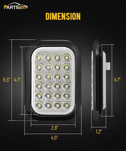 Partsam 2X 5x3 Inch Rectangle Reverse Backup Running Lights Clear Lens 24 LED Truck Trailer Hitch Tail Lights 12V IP67 Waterproof Sealed Flush Mount with 3 Prong Watertight Plug Rubber Grommet in Kuwait