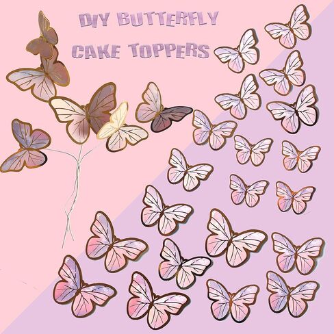 Butterfly Cake Toppers Decorations - 1 Big Happy Birthday Cake Topper & 15Pcs 3D Pink Gold Cupcake Toppers - Party Supplies for Decorating Baby Shower Girl's Birthday in Saudi Arabia