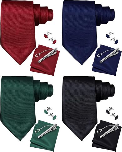 4 مجموعات من ربطات العنق الرسمية بلون واحد ومربع جيب مع أزرار أكمام ومشابك ربطات عنق رسمية للأعمال من الساتان للرجال in Kuwait