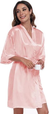 Women's Satin Robe Short Kimono Bathrobes for Women Bridesmaid Bride Wedding Party Robes Sleepwear with Side Pockets in Saudi Arabia