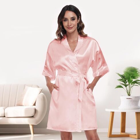 Women's Satin Robe Short Kimono Bathrobes for Women Bridesmaid Bride Wedding Party Robes Sleepwear with Side Pockets in Saudi Arabia