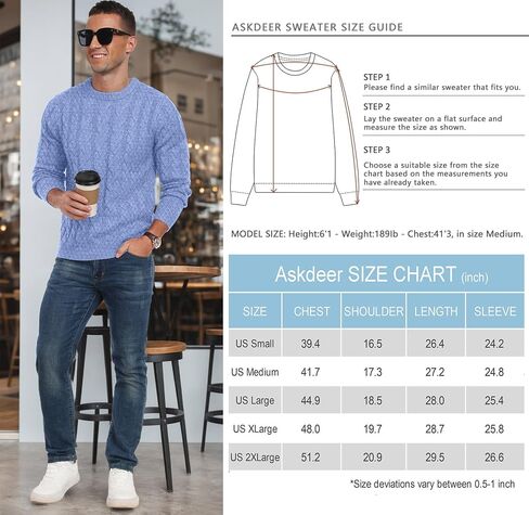 Askdeer Men's Pullover Sweater Cable Knit Chunky Sweater Classic Casual Crewneck Sweaters with Ribbing Edge in Saudi Arabia