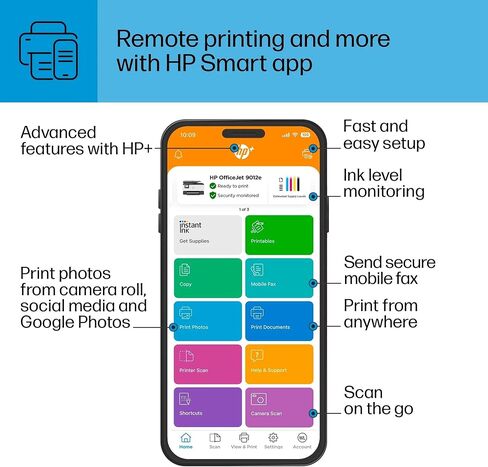 HP OfficeJet 9012e الكل في واحد طابعة نافثة للحبر ملونة ناسخة ناسخة فاكس مع طابعات كمبيوتر محمولة بالحبر الفوري لمدة 6 أشهر للاستخدام المنزلي والمكتب والطباعة على الوجهين واي فاي 1G5L4A (تم تجديد قسط) in Saudi Arabia