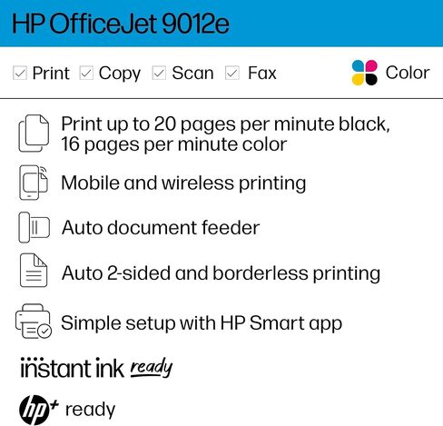 HP OfficeJet 9012e الكل في واحد طابعة نافثة للحبر ملونة ناسخة ناسخة فاكس مع طابعات كمبيوتر محمولة بالحبر الفوري لمدة 6 أشهر للاستخدام المنزلي والمكتب والطباعة على الوجهين واي فاي 1G5L4A (تم تجديد قسط) in Saudi Arabia